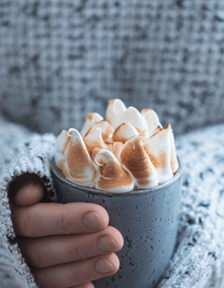 Warme chocolademelk met amaretto en meringue