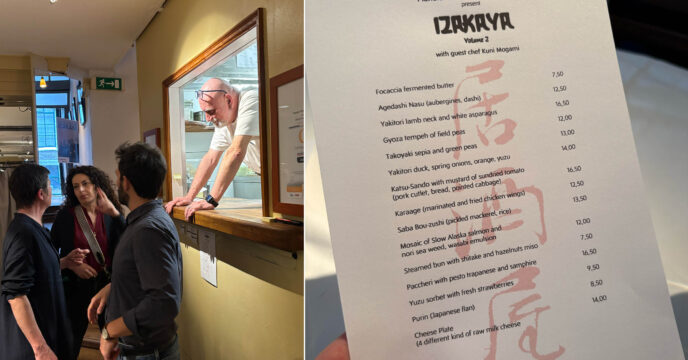 Fabio uit het keukenraam en het Izakaya menu van Pianeta Terra