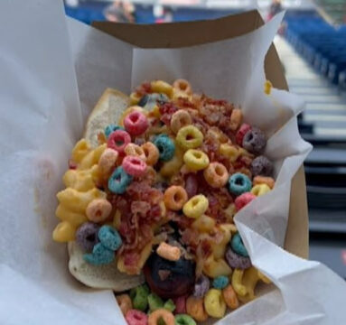 Slider Dog CLE Guardians hot dog mac n cheese crispy onions fruit loops 11 dollar