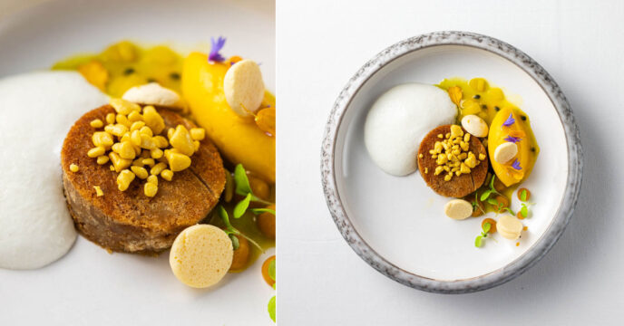 Bread & butter pudding van fries suikerbrood, merengue van passie vruchten, dressing met passievrucht en mango, sorbet van mango, luchtige yoghurt