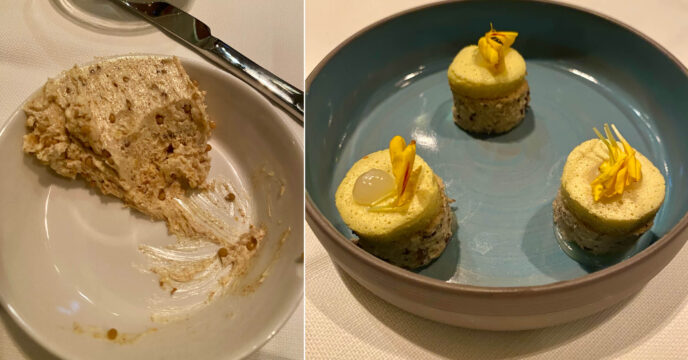 huisgemaakte boter en cake van amandel en olijf met mousse van kerrie en limoengel