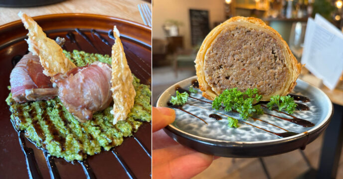 kwartel met doperwtenpesto en saucijzenbrood