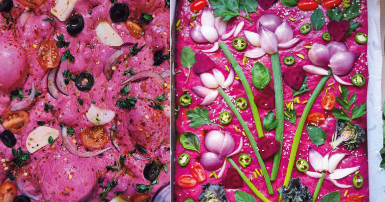 Roze focaccia met rozemarijn en olijven
