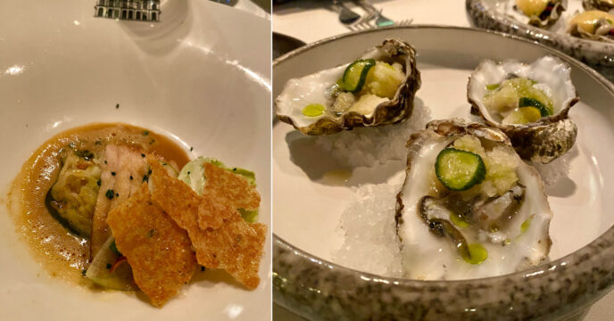 Rogfilet, saus van eendenlever en citroen, spitskool, granny smith en krokante kippenhuid