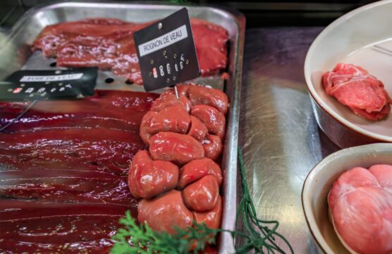 Veal kidneys and liver on a French butcher shop