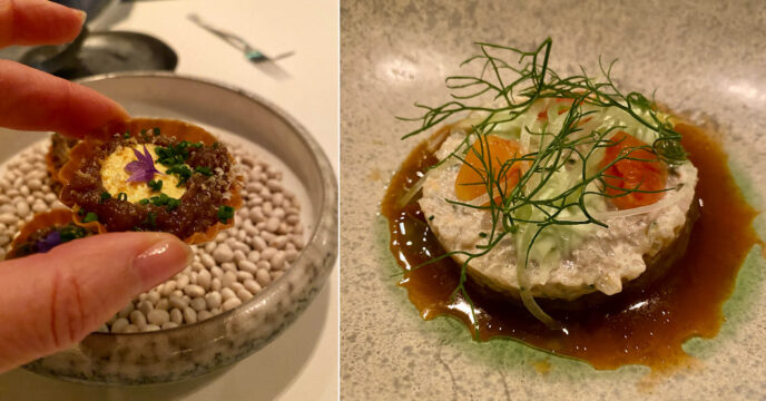Tartelette met compote van ui en balsamico met creme van geitenkaas, aji amarillo en hazelnoot