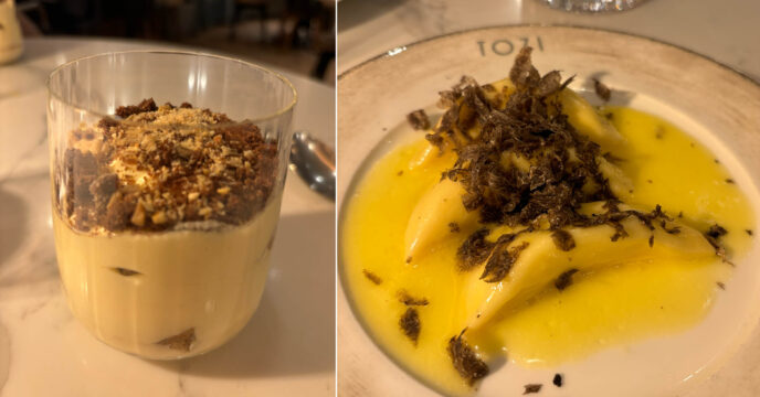 TOZI tiramisu en Buffalo ricotta ravioli, black truffle